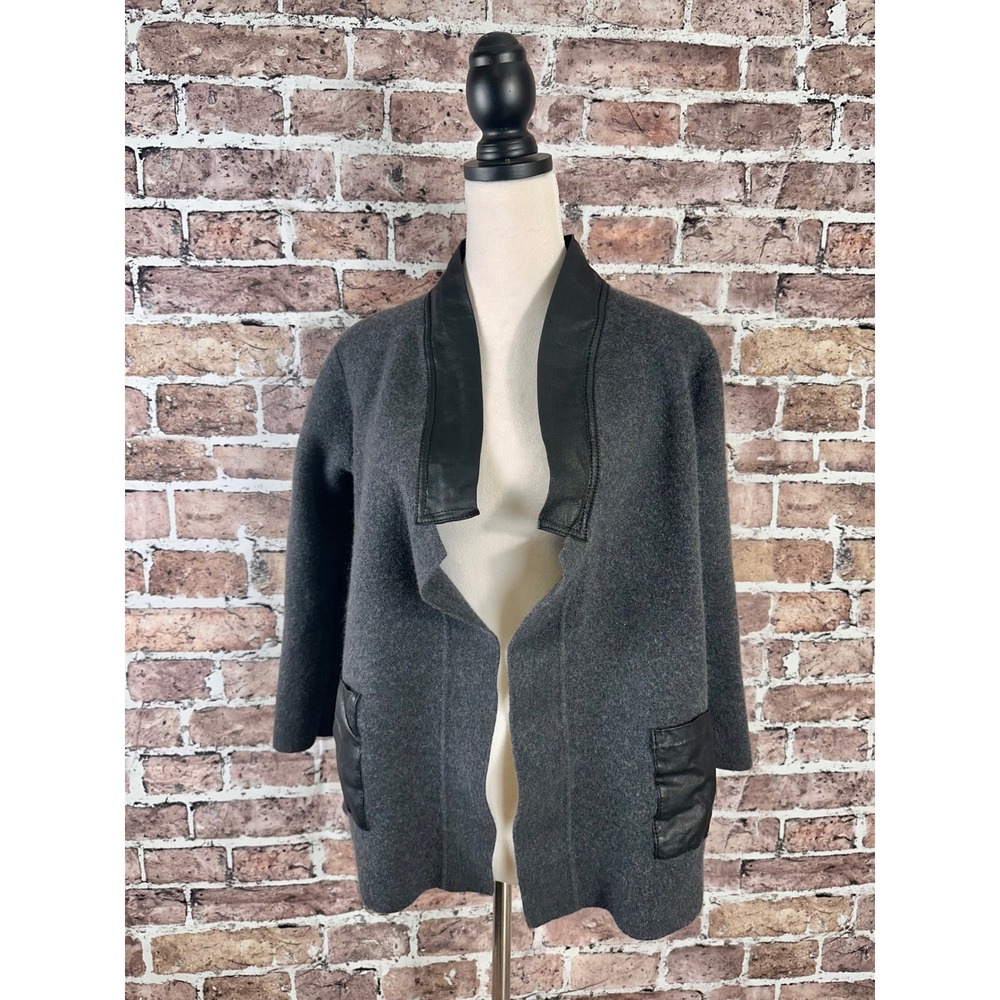 DONCASTER Wool Leather Trim Open Front Cardigan Jacket Women's‎ Size Large